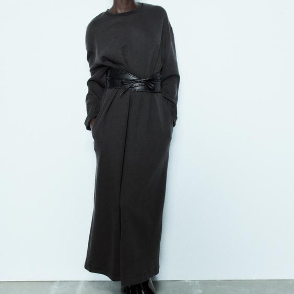 NWT CHARCOAL MINIMALIST OVERSIZED WASHED EFFECT INTERLOCK LONG SLEEVE MIDI DRESS